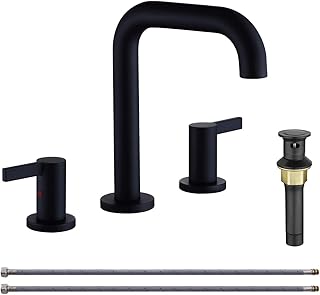 RKF Solid Brass Two Handle Widespread Bathroom Sink Faucet with Metal Pop-up Drain with Overflow and CUPC Supply Hoses,CWF028-MB,Matte Black