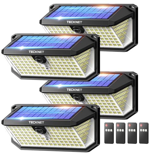TECKNET Luz Solar Exterior, 546 LED,Iluminación de 300°, Foco Solar Exterior con Mando a Distancia, IP66 Impermeable, Focos Led Exterior Solares con Ganchos, para Jardines, Garajes, Patio