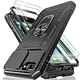 YmhxcY for iPhone 6/7/8 Plus Case with Camera Cover Slider, 2*Tempered Glass Screen Protectors,Build in 360° Rotating Ring Kickstand, Military Grade Protective Case for iPhone 8 Plus 5.5'-Black