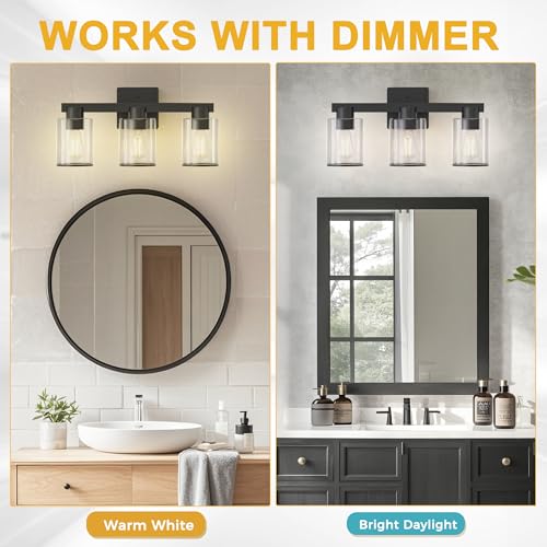 Image of L LOHAS LED Black Bathroom Light Fixtures, 3 Lights Bathroom Vanity Light with Clear Glass Shade, Modern Vanity Lights for Living Room Hallway