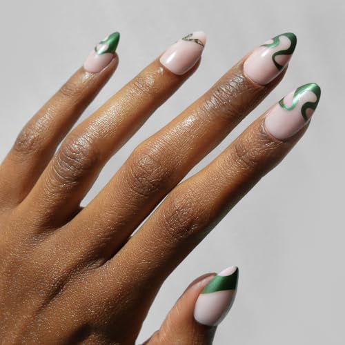 Harry Potter™ x Glamnetic Press On Nails - Parseltongue™ | Semi-Transparent Green Snake Graphic French Tip Short Almond Fake Nails in a Chrome & Glossy Finish | 15 Sizes - 30 Nail Kit with Glue