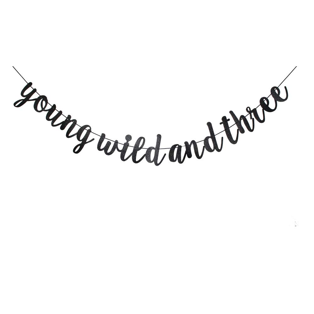 Young Wild and Three Banner, Black Birthday Party Sign Bunting, Boy's Or Girl's 3rd Birthday Party Decorations
