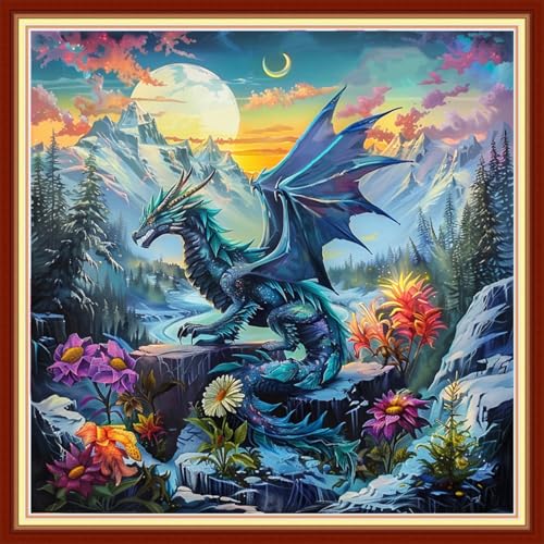 Image of Funchey Stamped Cross Stitch Kits, DIY Cross Stitch Pattern for Adults Beginners Needlepoint Kits Embroidery Kit Arts and Crafts 11CT&Dragon Moon 18x18 inchs