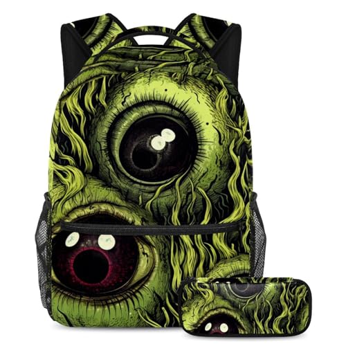 Sac à dos globe oculaire Halloween multicolore grand volume avec trousse
