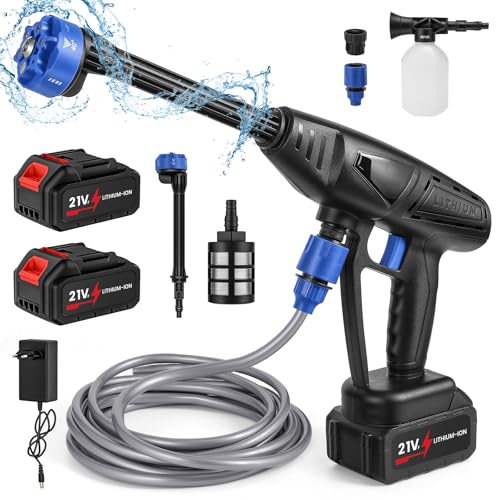 Hidrolimpiadora Bateria, 26 Bar Pistola de Agua a Presión Bateria con 2 Baterías de 3,0 Ah, Boquilla 6 en 1, Manguera de 5M, Olla de Espuma, Lavadora a Presión Inalámbrica para Jardín y Coche