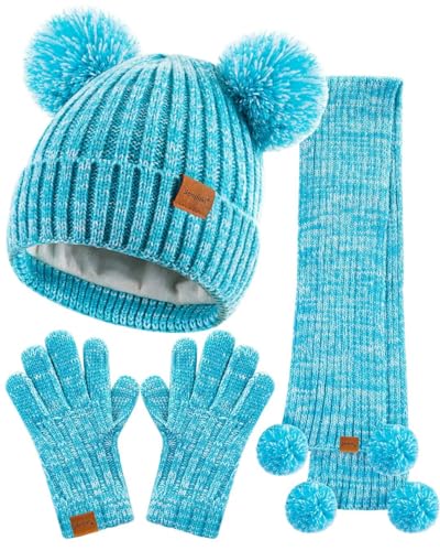 Kids Winter Hat Gloves Scarf Set, Girls Toddler Children Beanie with Pom Knit Neck Warmer Gaiter Mittens Fleece Lined Set（Mint Green Mix）