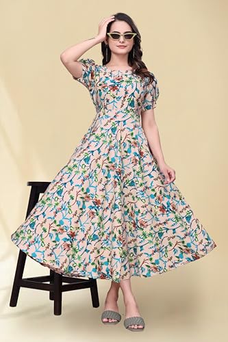 Image of Women's A-Line Crepe Maxi Dress | Stylish Fit and Flare Dress with Round Neck Short Puff Sleeves for Casual Wear