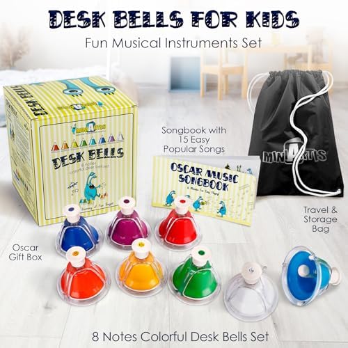 MINIARTIS Desk Bells Set for Kids | 8 Notes Diatonic Colorful Metal Hand Bells | Kids Musical Instruments | Music Songbook & Carry Case Included | Great Holiday Birthday Gift for Children 1