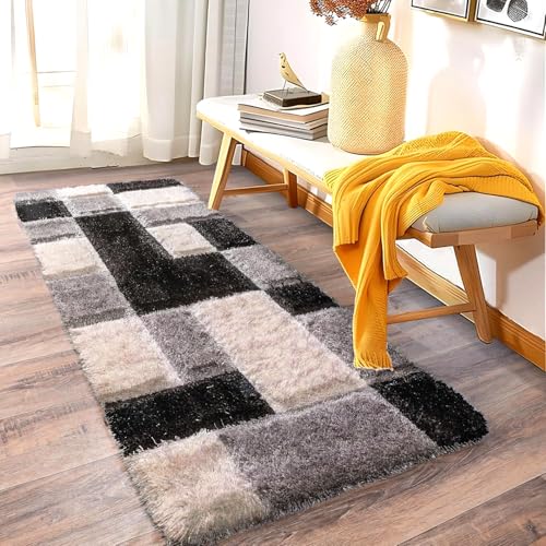 Image of 2x6 feet Soft Runner Rug for Living Room and Bedroom, Modern Indoor Floor Carpet with Non-Slip Backing, Comfortable Decorative Home Decor Rug, Easy Clean & Durable- (3D Silver B, Rectangular)