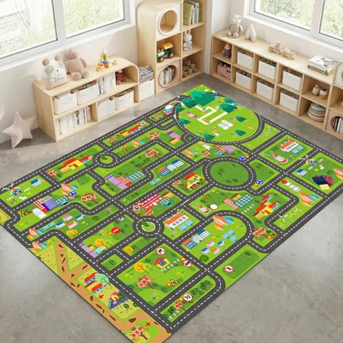 Tapis Circuit Voiture Rectangular Anti Slip Rug Soft Cosy Rug Tapis en Velours Cristal Imprimé Colourful Area Rugs Idéal pour la Décoration et Les Jeux dans la Chambre D’Enfant 80 * 120CM