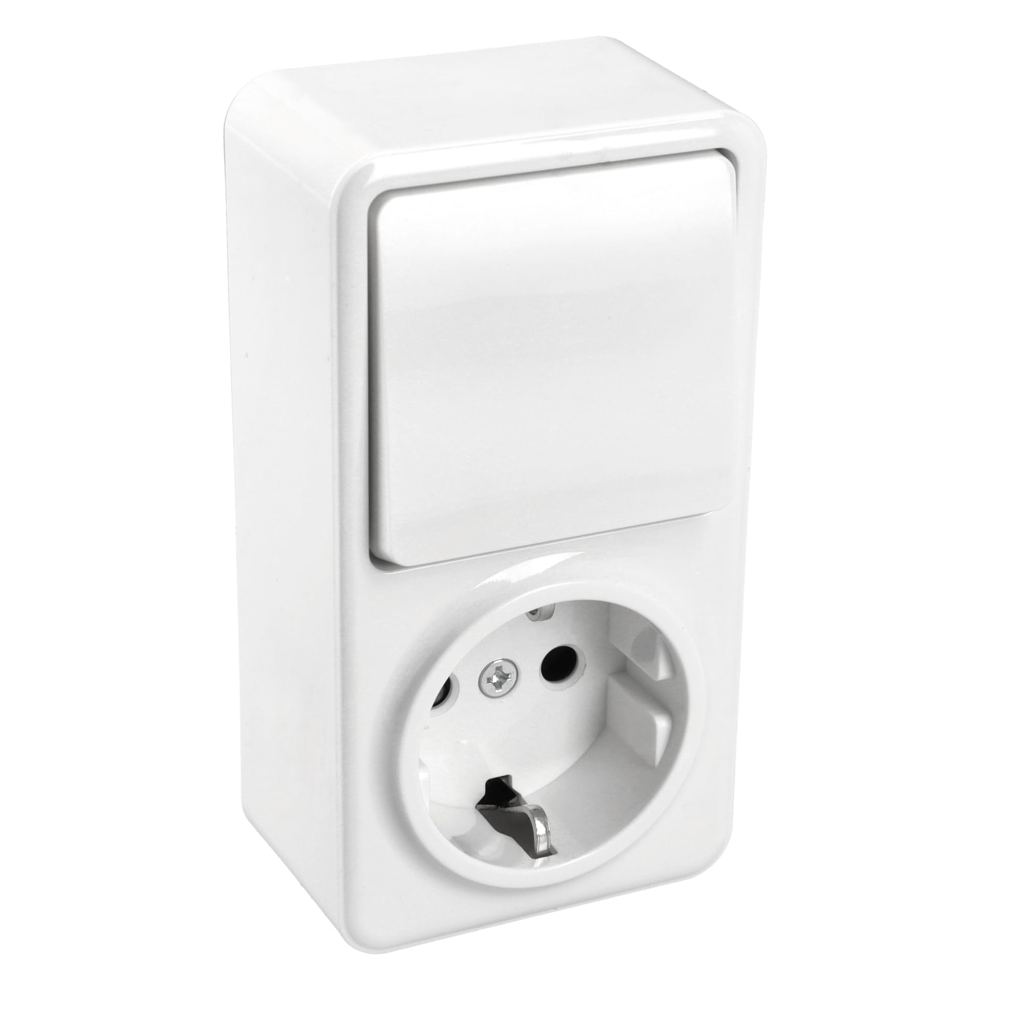 Jandei - Mecanismo Superficie Policarbonato Blanco, 10A 250V (Interruptor 2 circuitos + Enchufe Schuko)