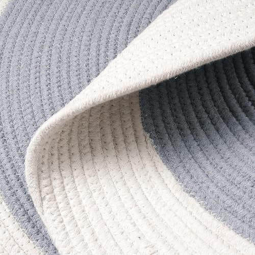 Image of Encasa XO Handmade Round Crochet Rug 2-Tone Circular Cotton Area Rug for Nursery, Bedroom & Living Room | Boho Modern Minimalist Floor Mat Natural Reversible | Grey & Off White | 120 cm | 4 Ft