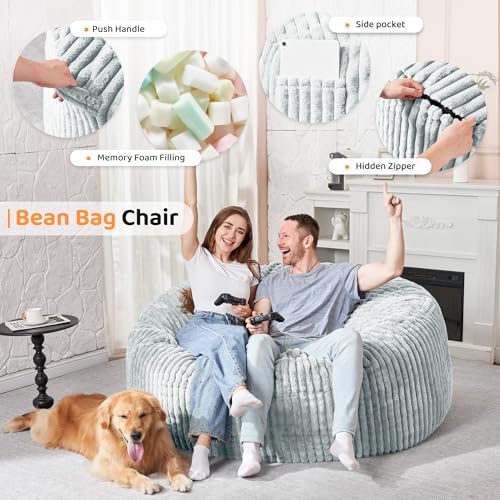Image of HABUTWAY 5FT Bean Bag Chair, 5' Large Bean Bag Chairs for Adults with Removable Stripe Plush Cover, Memory Foam Beanbag Chair for Living Room Bedroom Dorm,Light Grey