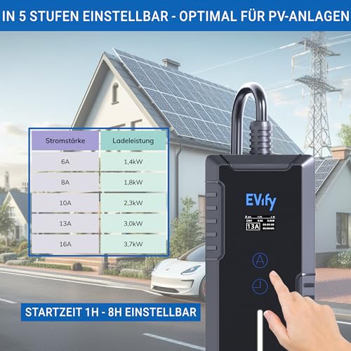 EVify Ladekabel Typ 2 Schuko 3,7kW 7M 16A für Elektroauto & Hybrid inkl. Kabeltasche • Stromstärke/Ladeleistung einstellbar 6|8|10|13|16A, ideal für PV-Anlage