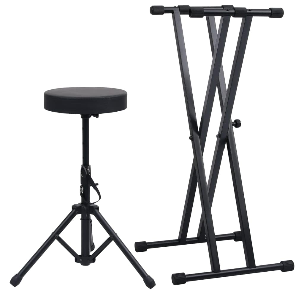 Doppelstrebiger Keyboard-Ständer und Hocker Set Schwarz aus Stahl, höhenverstellbar, klappbar, gepolsterter runder Sitz, ideal für Musiker, Bühne, Studio und Konzert