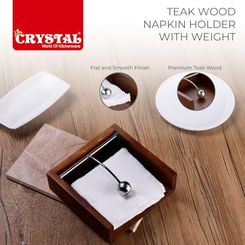 Image of Crystal Premium Teak Wood Napkin /Tissue Paper Holder with Weight | Ideal for Kitchen, Home, Dining Table, Restaurant | Handcrafted and Stylish