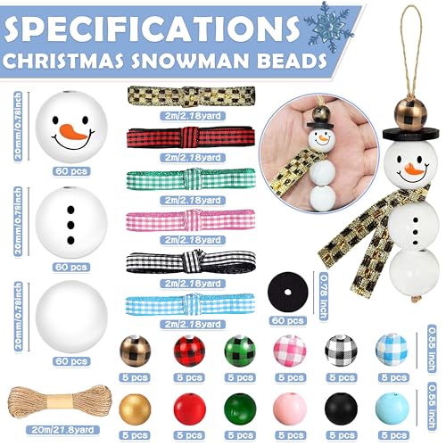 Image of 307 Pieces Christmas Snowman Wooden Beads Craft Project Natural Polished Wood Bead with Twine, Winter Christmas Tree Hanging Ornaments, Rustic DIY Garland Decoration for Home
