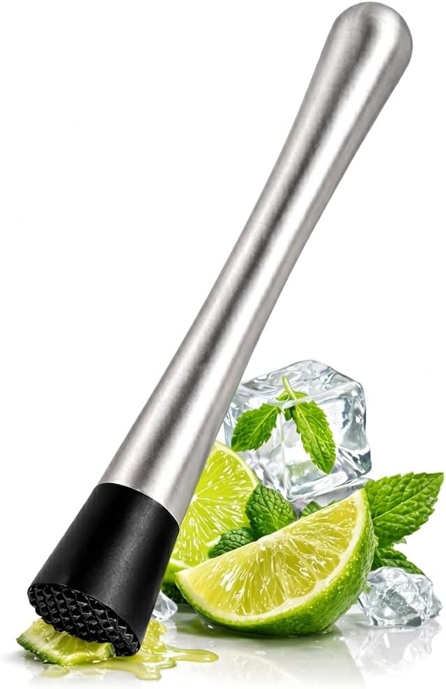 Muddler para cócteles, 8 pulgadas, acero inoxidable, cabeza de nailon ranurada | Muddler para limonada, triturador de frutas para bebidas, cabezal sin rayones, apto para lavavajillas, para mojitos, menta, limones y hierbas