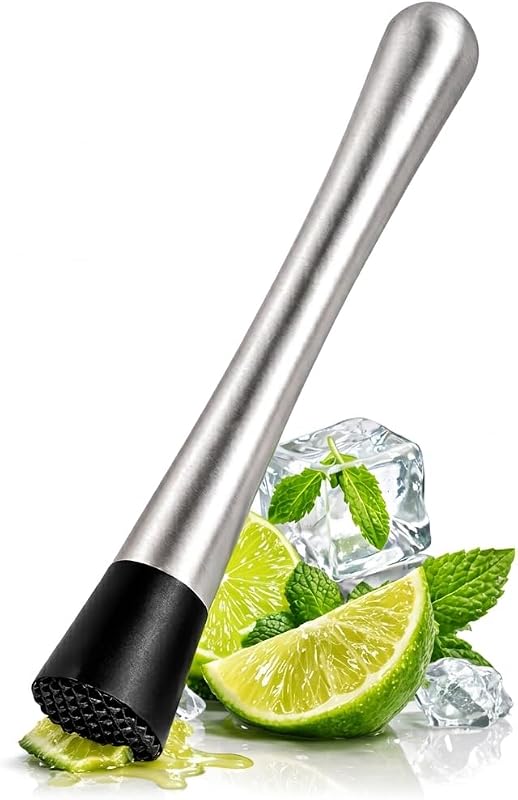 Muddler para cócteles, 8 pulgadas, acero inoxidable, cabeza de nailon ranurada | Muddler para limonada, triturador de frutas para bebidas, cabezal sin rayones, apto para lavavajillas, para mojitos, menta, limones y hierbas