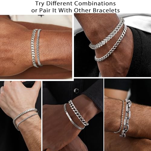 3 PCS Mens Bracelet Silver Bracelets for Men Set Waterproof Stainless Steel Men Jewelry, Adjustable Cuban Chain Bracelet for Boy Boyfriend as Halloween Gifts, Dad and Son Pulseras Para Hombres4
