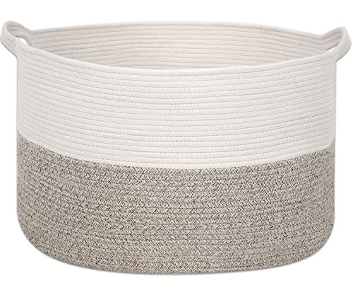 Cesta de lavandería tejida de cuerda de algodón Cesta de lavandería redonda alta con asa, manta de almacenamiento tejida, toalla, almohada (caqui)