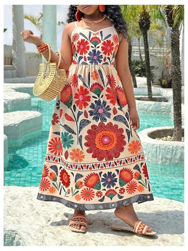 Girl's Floral Cami Dress Boho V Neck Sleeveless Beach Vacation Long Flowy Summer Sundress4