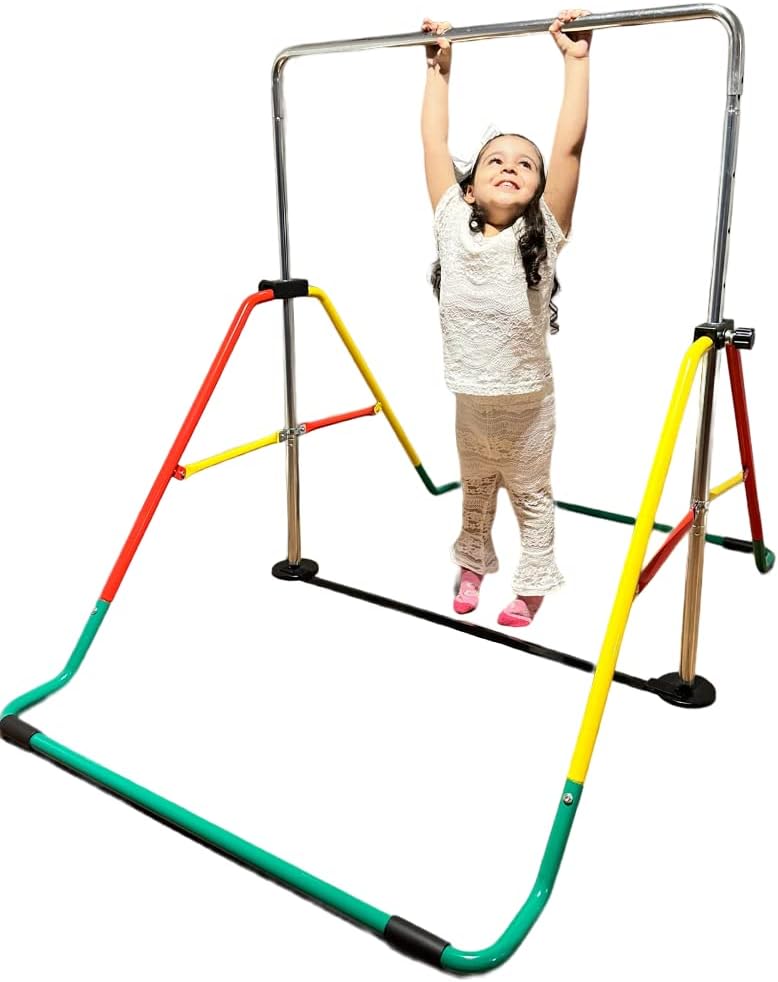 Iron Bar Gymnastics Bar for Kids, Height Adjustable Horizontal Kip Bar Home Junior Training Bar, Children Expandable Gymnastic Bar Jungle Gym Monkey Bars Folding Gymnastic Equipment Playground, Green