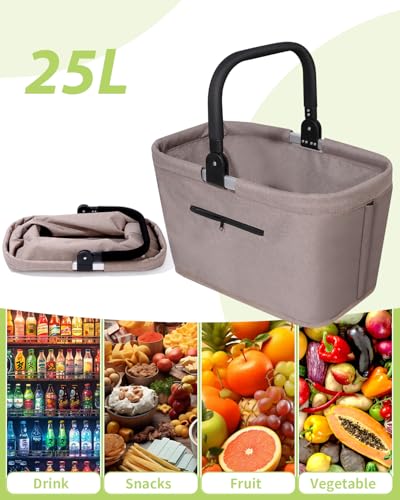 Anhow Kosz na Zakupy, 25L Składany Kosz Piknikowy z Aluminiowym Uchwytem Koszyk na Zakupy i do Aktywności na Świeżym Powietrzu – Khaki