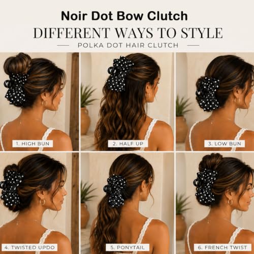 Image of Young & Forever Polka Dot Bow Hair Claw Clip for Women & Girls - Oversized Black and White Fabric Bow Hair Accessories for Thick Hair, Stylish French Hair Clips