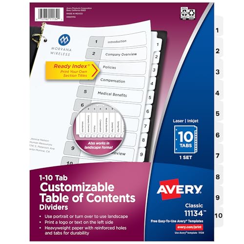 Avery Dividers for 3 Ring Binders, 10 Tabs per Set, Customizable Table of Contents, Classic White Tabs, Great for Organizing Reports, Projects, and More (11134)