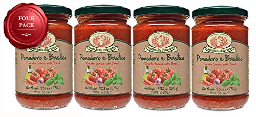 Rustichella d'Abruzzo Tomato & Basil Sauce | Authentic Italian Tomato Sauce with Fresh Basil & Olive Oil | Vegan | Perfect for Pasta, Pizza, Spaghetti & Marinara (9.53 oz / 270 g) - Pack of 4