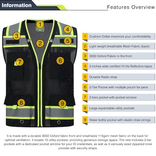Image of Gasoline Class 2 High Visibility Reflective Safety Vests Women & Men | With 15 Pockets And Zipper Front,Meets Ansi /Isea Standards