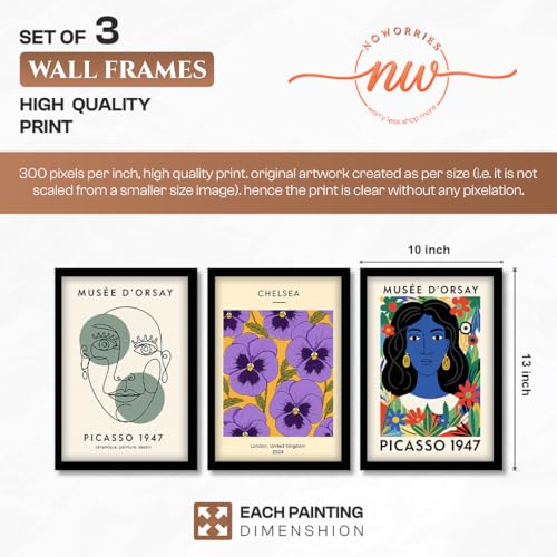 Image of NoWorries Modern Abstract Wall Art Frame | London Chelsea Floral Print & Picasso' Inspired Wall Art Paintings 300 GSM Premium Prints | Stylish Home Decor for Living Room, Office & Bedroom | Synthetic Wooden Wall Art Frames (Set of-3) (BLACK, ART-10, 10X13INCHES)