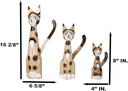 Miniatura 3 de Ebros Gift Balikraft - Juego de 3 figuras decorativas hechas a mano de madera tallada a mano, gatos felinos grandes, con manchas marrones, de 16