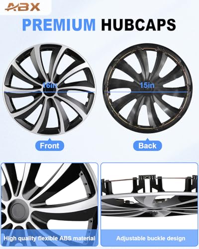 Image of ABX Hubcap Wheel Covers Hub Caps 16 Inch Set of 4 Black & Silver Universal Wheel Rim Cover R16 Stylish Car Decor Wheel Covers for Toyota Camry Nissan Mazda (Black&Silver, 16 inch)