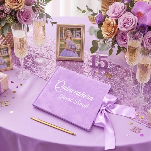 Image of Panelee Velvet Quinceanera Guest Book with Pen Purple Sign in with Bow 15 Year Anos Quince Book 144 Page Signature Guest Sign in Keepsake Album for Birthday Party Keepsake Gift