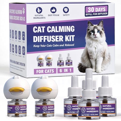 Cat Calming Pheromone Diffuser, Cat Anxiety Relief Diffuser Plug in Calmer with 2 Diffusers & 4...