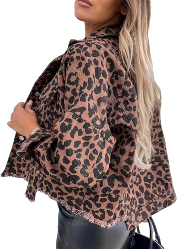 Vagbalena Chaqueta Vaquera Informal con Solapa para Mujer con Estampado de Leopardo Chaqueta Vaquera Informal clásica de Moda deshilachada básica con Estampado de Leopardo (Estampado de Leopardo,M)