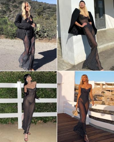 Image of Suillty Women Mesh Sheer Spaghetti Strap Long Maxi Dress Sexy Sleeveless Backless Beach Swimsuit Cover Ups Party Club Dresses
