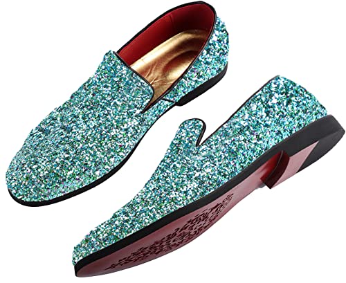 Mens Smoking Sparkling Slipper Metallic Sequins Textured Glitter Tuxedo Slip-on Prom Loafers Luxury Wedding Dress Shoes (12 M US, Green)4