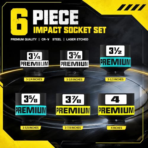 Image of 1 inch Drive Impact Socket Set, 3-1 /4 inch -4 inch Axle Nut Sockets, 6pcs Shallow Jumbo Sockets, SAE, 6 Point, Cr-V, Repair Tools for Installing and Removing Stubborn Spindle Nuts and Bolts