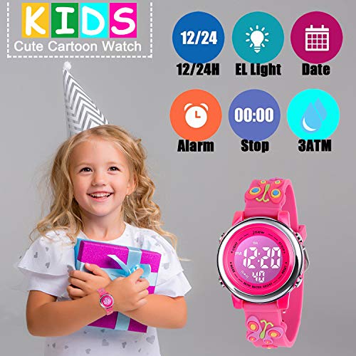 Kids Watch 3D Cartoon Toddler Wrist Digital Watch Waterproof 7 Color Lights with Alarm Stopwatch for 3-10 Year Boys Girls Little Child (Butterfly A-Rose)3