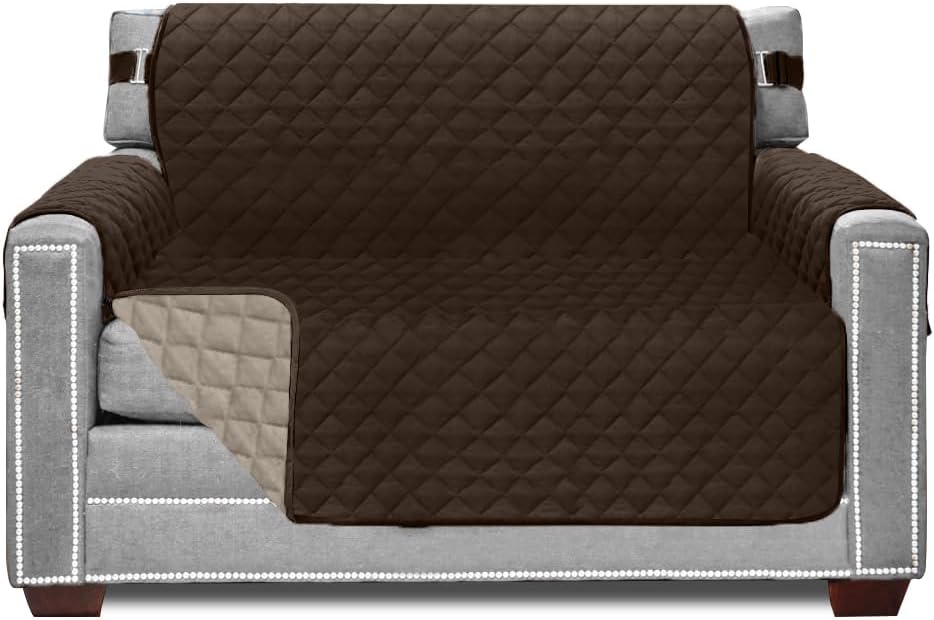 Sofa Shield Chair Slip Cover with Patented Strap, Cushion Protector, Reversible Stain and Dog Tear Resistant Slipcover, Quilted Microfiber 48” Seat, Washable Covers for Dogs Pets Kids, Chocolate Beige