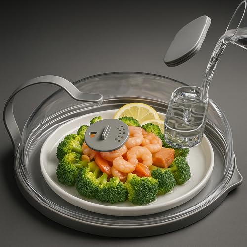 Image of Microwave Splatter Cover with Water Steamer for Food - 10 Inch Steam Microwave Splatter Guard with Handle Plate Covers for Heating Food Splash Oven Lid with Built in Steamer