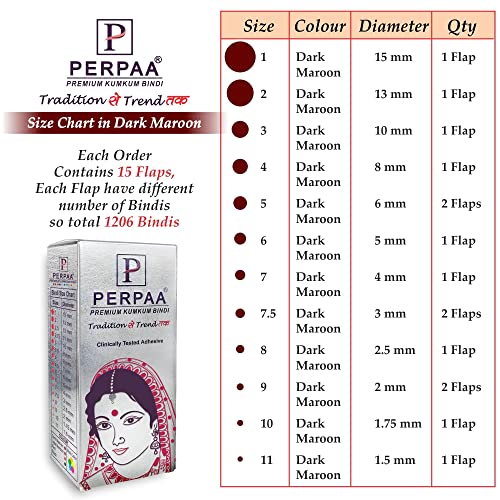 Image of PERPAA Premium Velvet Sticker Kumkum Bindi Box of 15 Flaps - Pottu for Women,Ladies, Girls (Size 02, Diameter 13mm, Dark Maroon)