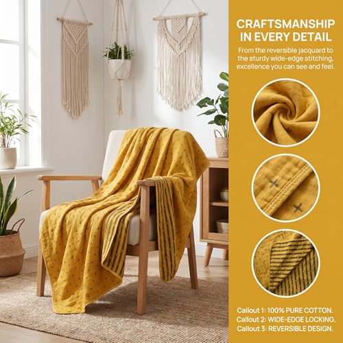 Image of SANACYNA Muslin Blankets for Adults 100% Cotton 6-Layer Gauze Yellow Geometric Bed Blanket Lightweight Soft and Breathable King Blanket for Sofa Bed Coverlet Both Sides (Yellow, King 90 inch X 104 inch)