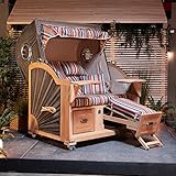 DERKORB Strandkorb 2 Sitzer Ostsee mit Bullauge XXL Volllieger in Teak, fertig montiert mit Rollen & Premium Schutzhülle