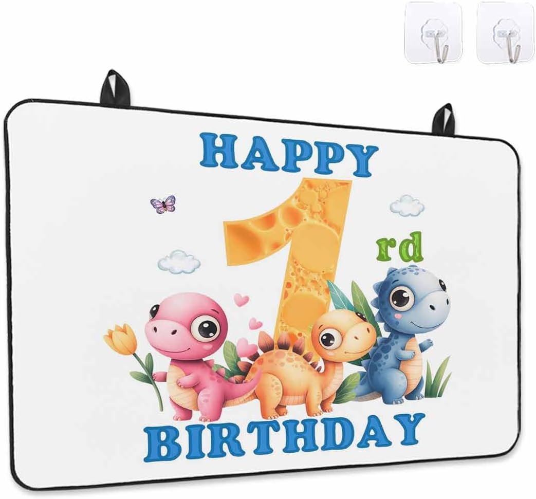 Happy 1rd Birthday Stove Cover for Electric Stove, Cartoon Pink Yellow Blue Dinosaurs Floral Stove Top Cover for Glass Top, Heat Insulation Rubber Mat Foldable Cooktop Top Protector, 28.5"x20.5"