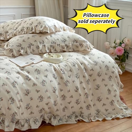 Image of BuLuTu Chic Shabby Vintage Floral Duvet Cover Twin for Kids Girls Boys 100% Cotton Muslin Ruffled Quilt Cover Twin Comforter, 68 inchx86 inch, Soft Breathable, Zipper Closure, No Pillowcase