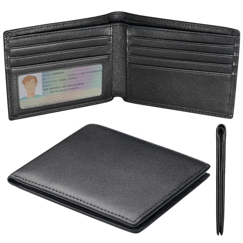 Slim Mens Wallet, Genuine Leather Bifold Wallet for Men RFID Blocking Thin with ID Window, 8-9 Credit Card Slots (Black)